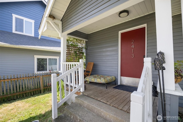 2413 Queen St, Bellingham, WA 98229 - property entrance with a shingled roof and covered porch