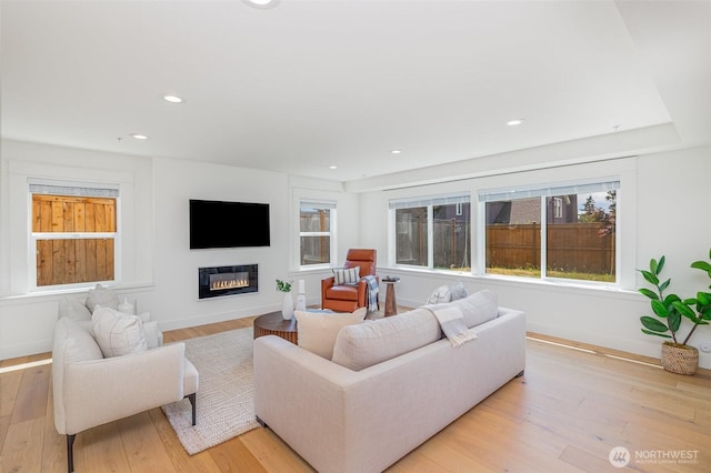 6209 32nd Ave NE, Seattle, WA 98115 - living area with a glass covered fireplace, light wood-type flooring, and recessed lighting