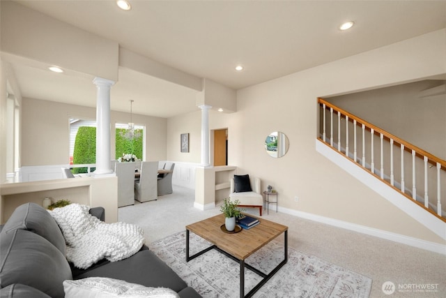 2108 S 18th St, Mount Vernon, WA 98274 - living area featuring ornate columns, carpet, recessed lighting, a wainscoted wall, and stairway