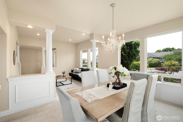 2108 S 18th St, Mount Vernon, WA 98274 - dining room featuring a chandelier, ornate columns, recessed lighting, and light carpet