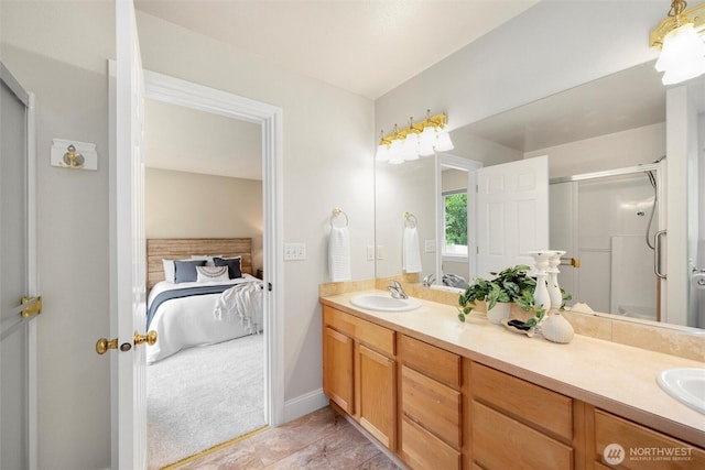 2108 S 18th St, Mount Vernon, WA 98274 - full bath featuring ensuite bathroom, double vanity, an enclosed shower, and tile patterned floors