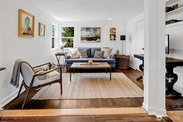2711 NW 80th St, Seattle, WA 98117 - living area featuring wood-type flooring and recessed lighting