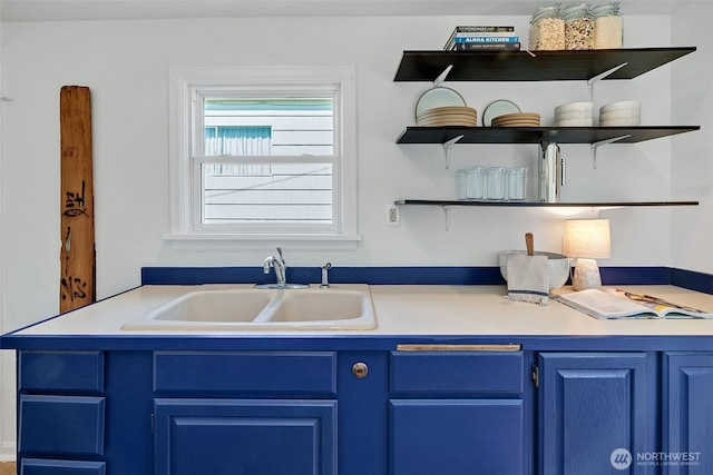 2711 NW 80th St, Seattle, WA 98117 - kitchen with open shelves, blue cabinets, and light countertops