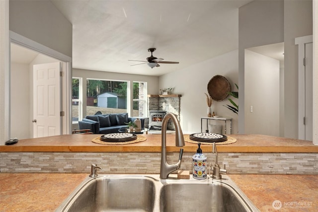 2733 Teal Lake Rd, Port Ludlow, WA 98365 - kitchen featuring a ceiling fan, light countertops, and open floor plan