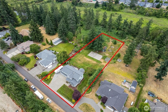 5207 170th St E, Tacoma, WA 98446 - aerial perspective of suburban area featuring property parcel outlined