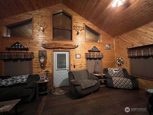 79 Duck Lake Rd, Omak, WA 98841 - living area with wooden ceiling, hardwood / wood-style floors, wooden walls, and high vaulted ceiling
