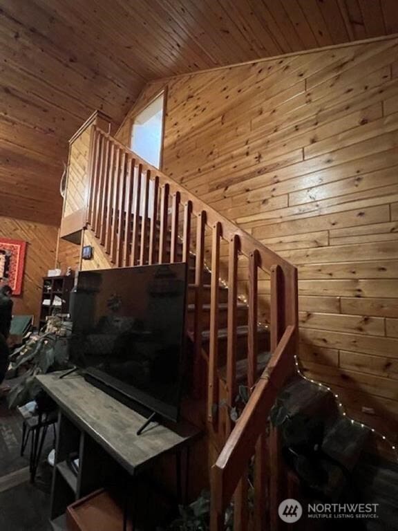 79 Duck Lake Rd, Omak, WA 98841 - stairway with wood walls, wood ceiling, and vaulted ceiling