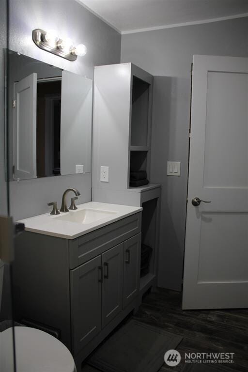 79 Duck Lake Rd, Omak, WA 98841 - bathroom featuring vanity, wood finished floors, and crown molding