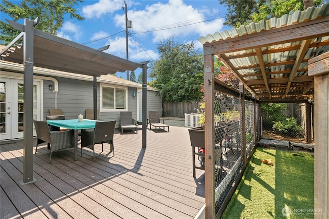 9359 SW 31st Pl, Seattle, WA 98126 - wooden deck with french doors, outdoor dining area, and a pergola