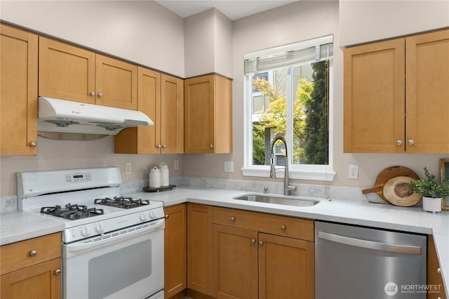 16107 NE 90th Way Unit 3304, Redmond, WA 98052 - kitchen with dishwasher, white range with gas cooktop, under cabinet range hood, and light countertops