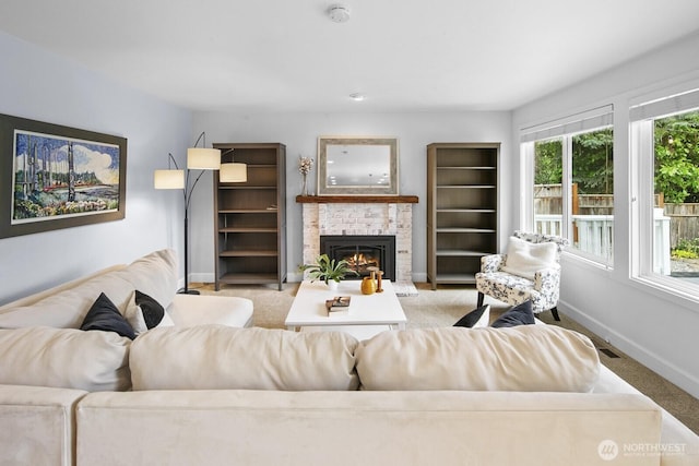 21227 SE 29th St, Sammamish, WA 98075 - living area featuring light carpet and a brick fireplace