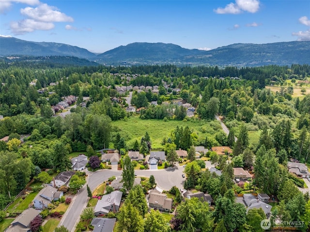 21227 SE 29th St, Sammamish, WA 98075 - aerial view of residential area with a mountain backdrop and a heavily wooded area
