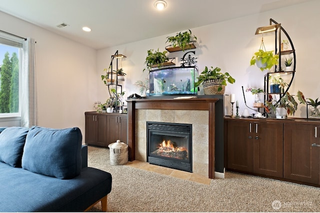 14410 99th Way SE, Yelm, WA 98597 - carpeted living area with a fireplace and recessed lighting