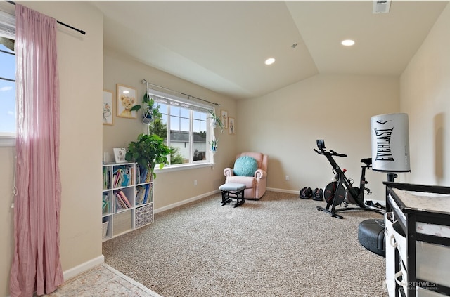 14410 99th Way SE, Yelm, WA 98597 - exercise room with carpet, lofted ceiling, and recessed lighting