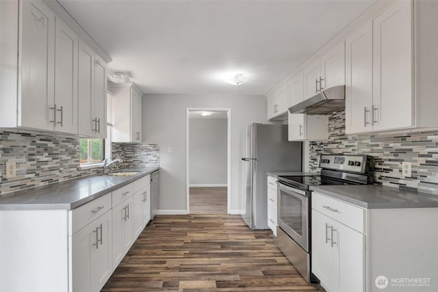 1102 Tule Lake Rd S, Tacoma, WA 98444 - kitchen featuring stainless steel appliances, under cabinet range hood, backsplash, dark wood-style flooring, and white cabinetry