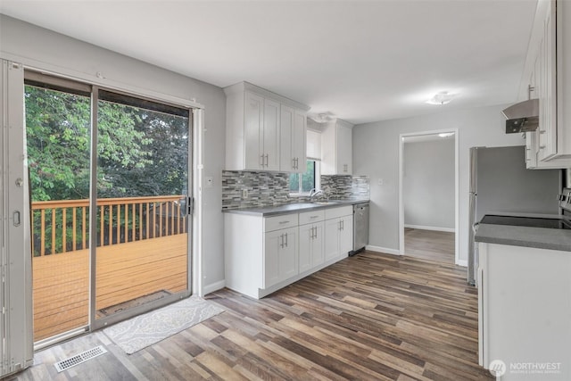 1102 Tule Lake Rd S, Tacoma, WA 98444 - kitchen with exhaust hood, tasteful backsplash, plenty of natural light, and dark wood-type flooring