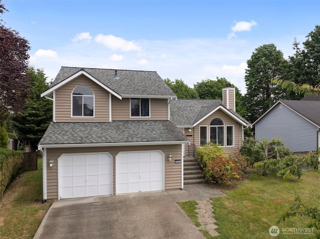 1521 90th Dr NE, Lake Stevens, WA 98258 - view of front of property with a garage, asphalt driveway, roof with shingles, and a chimney