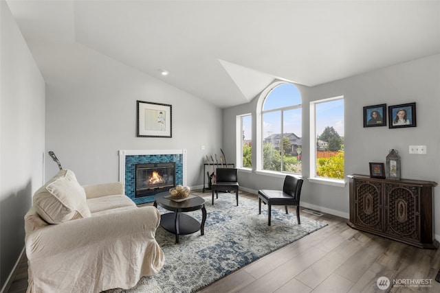 1521 90th Dr NE, Lake Stevens, WA 98258 - living room featuring vaulted ceiling, wood finished floors, and a glass covered fireplace
