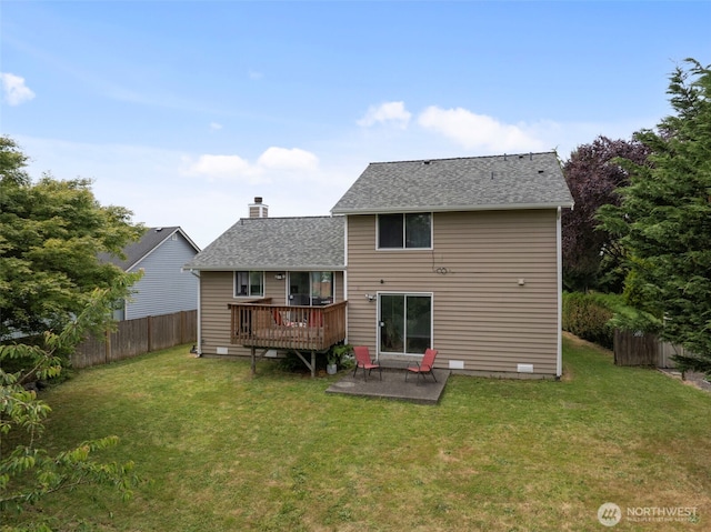 1521 90th Dr NE, Lake Stevens, WA 98258 - back of house with a deck, a patio, a chimney, and roof with shingles