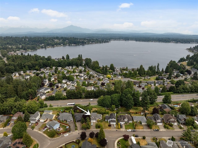 1521 90th Dr NE, Lake Stevens, WA 98258 - aerial overview of property's location with a water and mountain view and nearby suburban area