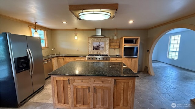57 Covered Bridge Rd, Grays River, WA 98621 - kitchen with stainless steel appliances, wall chimney exhaust hood, arched walkways, crown molding, and dark stone counters