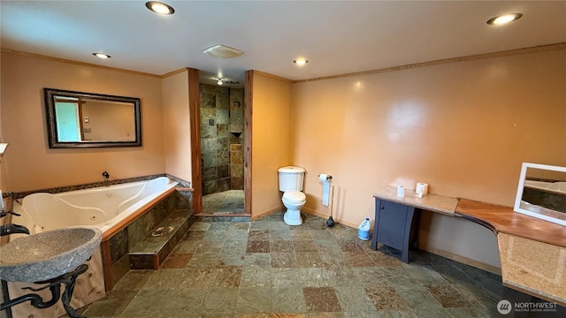 57 Covered Bridge Rd, Grays River, WA 98621 - full bath featuring stone tile floors, a whirlpool tub, a tile shower, recessed lighting, and ornamental molding