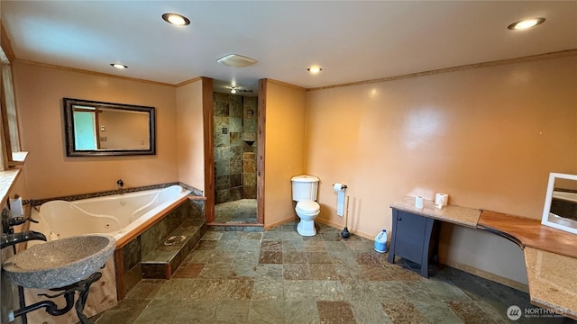 57 Covered Bridge Rd, Grays River, WA 98621 - bathroom with a whirlpool tub, a stall shower, stone finish floors, recessed lighting, and crown molding