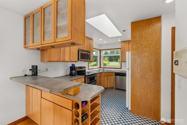 107 Gilbert Rd N, Onalaska, WA 98570 - kitchen with stainless steel appliances, a peninsula, a skylight, recessed lighting, and glass insert cabinets