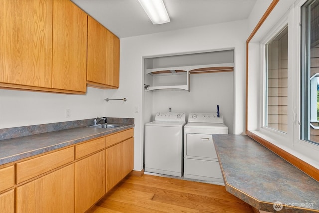 107 Gilbert Rd N, Onalaska, WA 98570 - laundry room with separate washer and dryer, cabinet space, and light wood-type flooring
