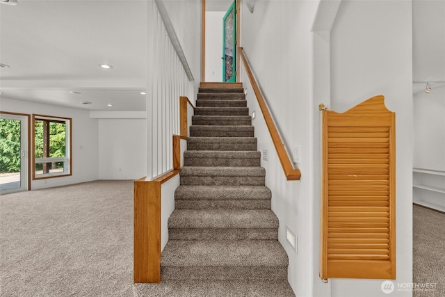 107 Gilbert Rd N, Onalaska, WA 98570 - staircase featuring carpet floors and recessed lighting