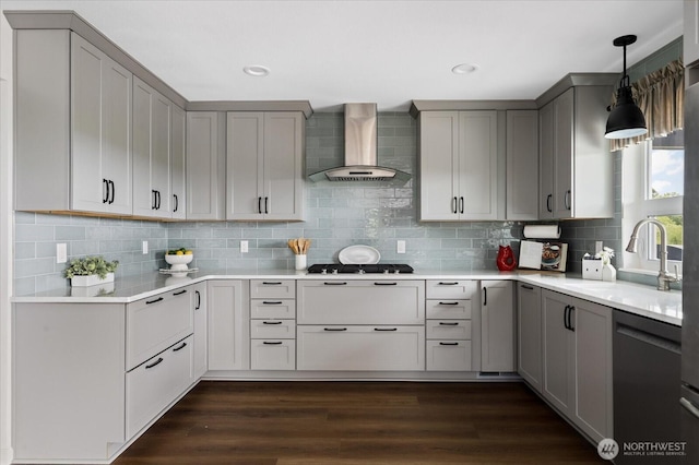 179 Perry Dr, Coupeville, WA 98239 - kitchen with wall chimney range hood, gray cabinets, gas cooktop, dishwasher, and light countertops