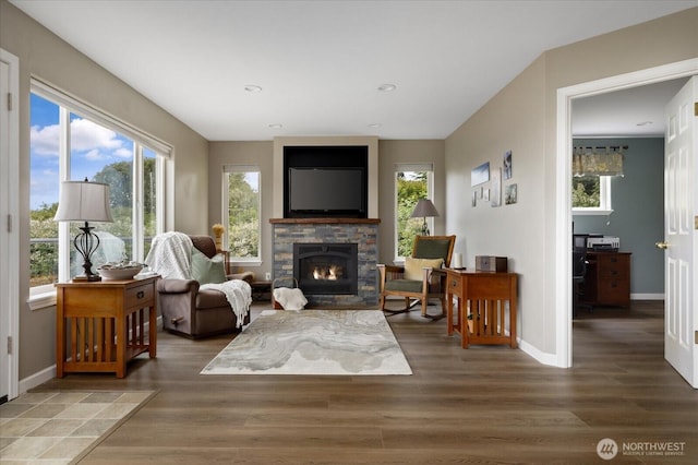 179 Perry Dr, Coupeville, WA 98239 - living room with plenty of natural light, a stone fireplace, wood finished floors, and recessed lighting