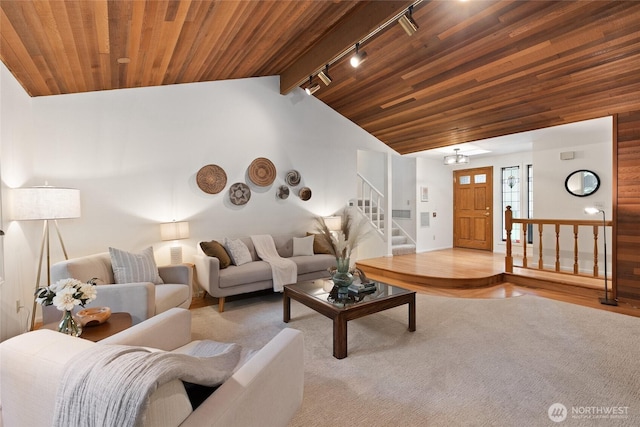 3420 210th Pl NE, Sammamish, WA 98074 - living area featuring track lighting, wood ceiling, stairway, vaulted ceiling, and carpet flooring