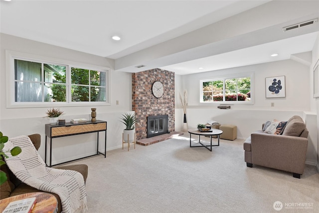 3420 210th Pl NE, Sammamish, WA 98074 - carpeted living area with recessed lighting and a brick fireplace