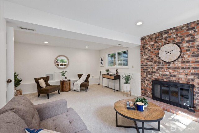 3420 210th Pl NE, Sammamish, WA 98074 - living area with carpet floors, recessed lighting, and a brick fireplace