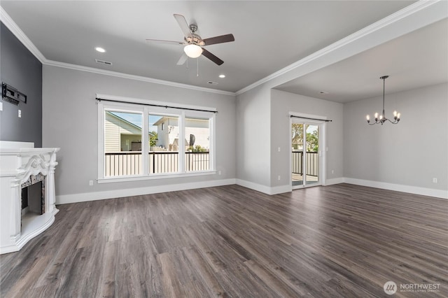 1300 W Marina Dr Unit 33, Moses Lake, WA 98837 - unfurnished living room with dark wood-style flooring, a ceiling fan, a chandelier, ornamental molding, and a fireplace
