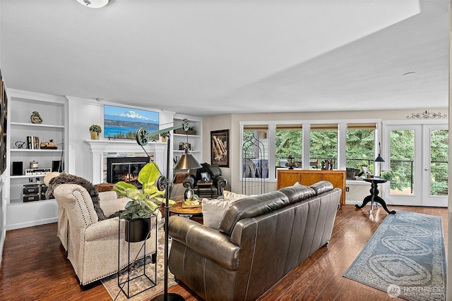 2313 S Cedar St Unit 107, Tacoma, WA 98405 - living room featuring plenty of natural light, a glass covered fireplace, dark wood-style flooring, and french doors
