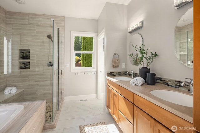 32701 SE 43rd St, Fall City, WA 98024 - full bathroom with a stall shower, double vanity, a bath, and marble look tiles