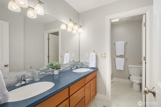 32701 SE 43rd St, Fall City, WA 98024 - full bathroom featuring marble finish floors, double vanity, and tasteful backsplash