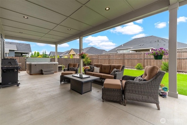 18500 NE 79th, Vancouver, WA 98682 - fenced backyard featuring a hot tub, an outdoor hangout area, area for grilling, and a patio