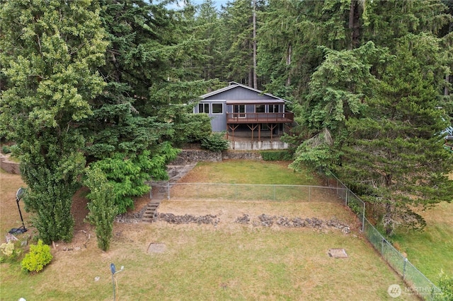 9910 Fairview Lake Rd SW, Port Orchard, WA 98367 - view of front of property with a wooden deck, stairs, and a view of trees