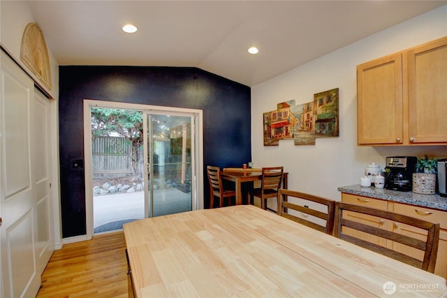 4031 Alyssa Ct, Bellingham, WA 98226 - dining space featuring light wood finished floors, recessed lighting, and vaulted ceiling