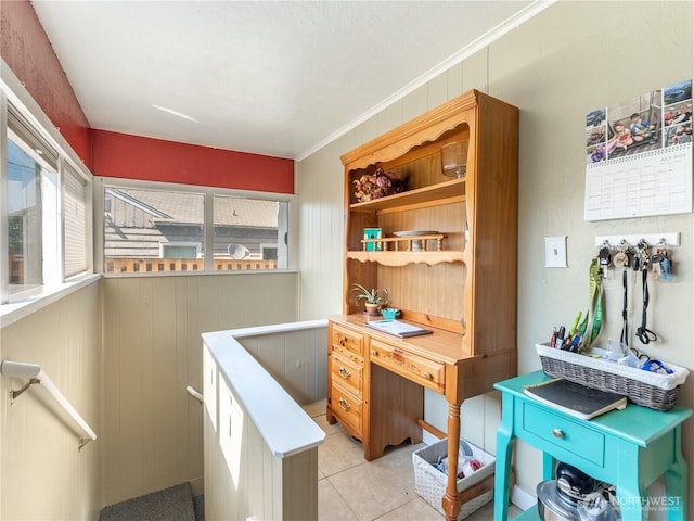 1018 Vassar Ave, Wenatchee, WA 98801 - kitchen featuring light tile patterned floors, ornamental molding, and wooden walls