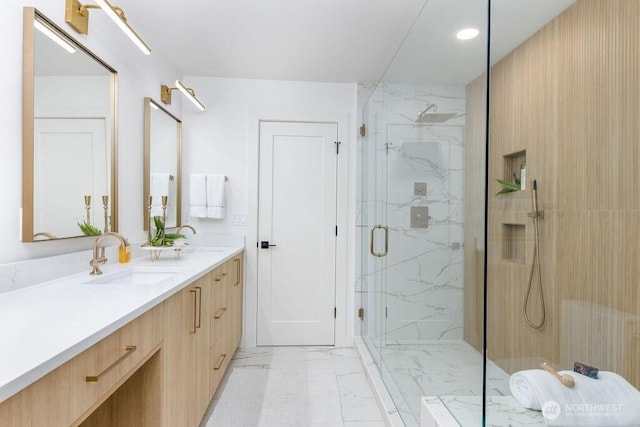 2216 18th Ave S, Seattle, WA 98144 - bathroom featuring marble finish flooring, double vanity, a marble finish shower, recessed lighting, and radiator