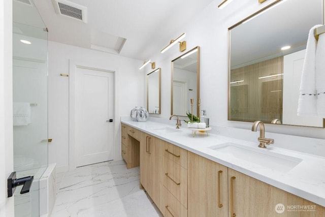 2216 18th Ave S, Seattle, WA 98144 - bathroom featuring double vanity, marble finish flooring, an enclosed shower, and recessed lighting