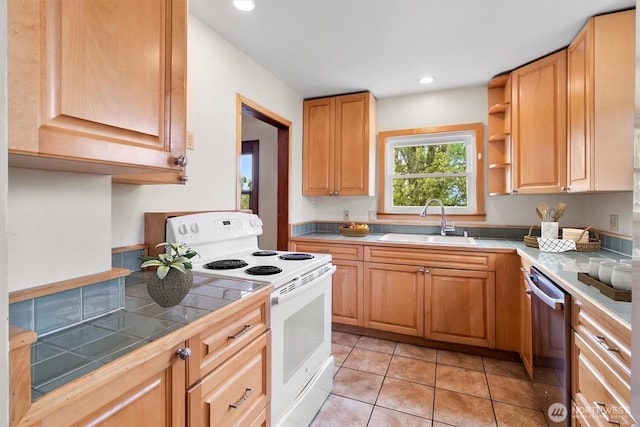 720 N Forest St, Bellingham, WA 98225 - kitchen featuring white electric range oven, dishwasher, tile countertops, light tile patterned floors, and recessed lighting