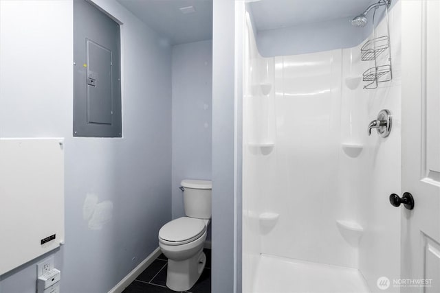 720 N Forest St, Bellingham, WA 98225 - full bath featuring electric panel, a shower, and tile patterned floors