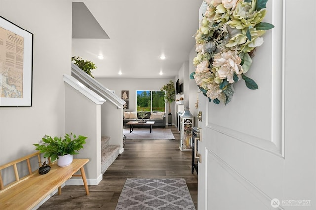 2649 Sandwood Ln, Blaine, WA 98230 - entryway featuring stairs, dark wood-type flooring, and recessed lighting
