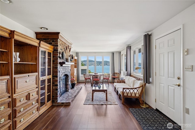 4448 S Shore Dr, Anacortes, WA 98221 - living area featuring a water view, a fireplace, and dark wood-style floors