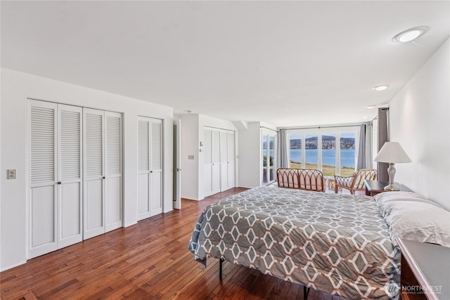4448 S Shore Dr, Anacortes, WA 98221 - bedroom with hardwood / wood-style floors, multiple closets, and a water view